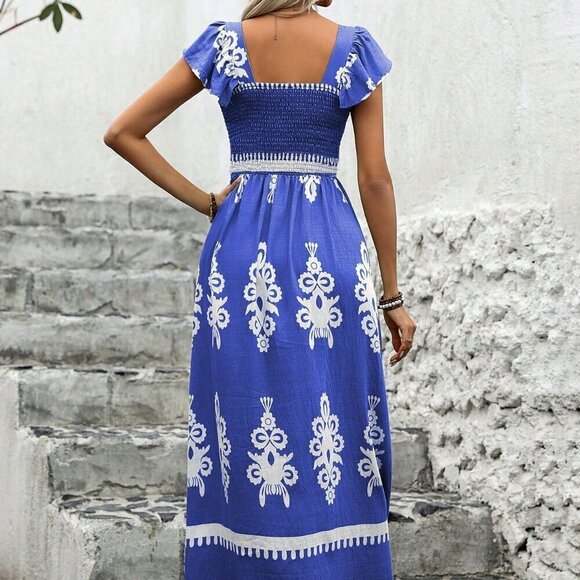 Royal Blue Boho Women's Vintage Style Printed Square Neckline Dress - Picture 4 of 6